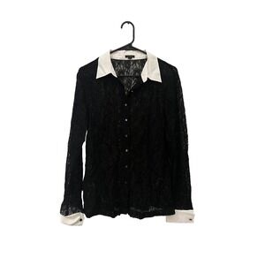 Ann Taylor Sheer Black Lace Button-Up Shirt White‎ Collar Size 10